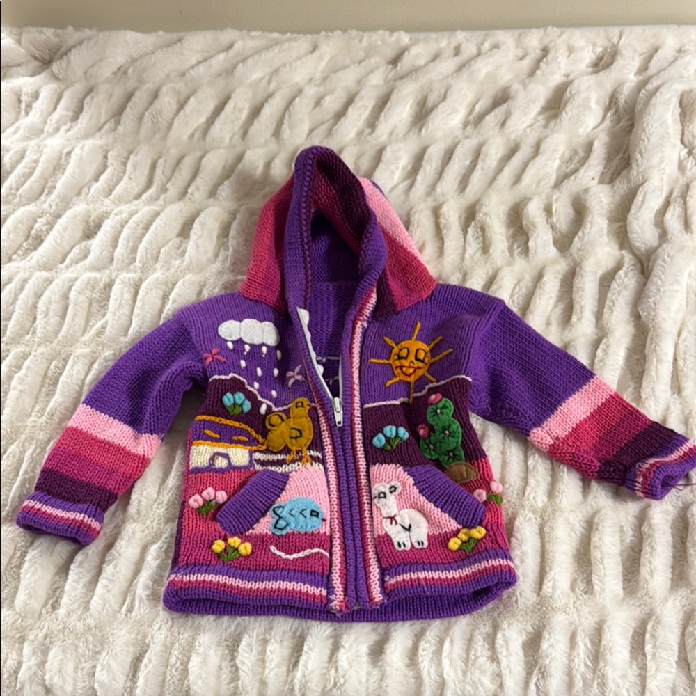 Purple and Pink Hooded Children's Knit Jacket with Playful Appliqués